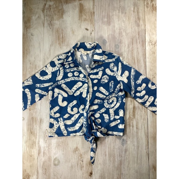 Haute Hippie Tops - Haute Hippie Blue Button Down Tie Top With White Abstract Design Women's Small